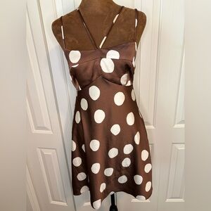 Altar'd State Chocolate Brown Satin Mini Dress with White Dots Size Small